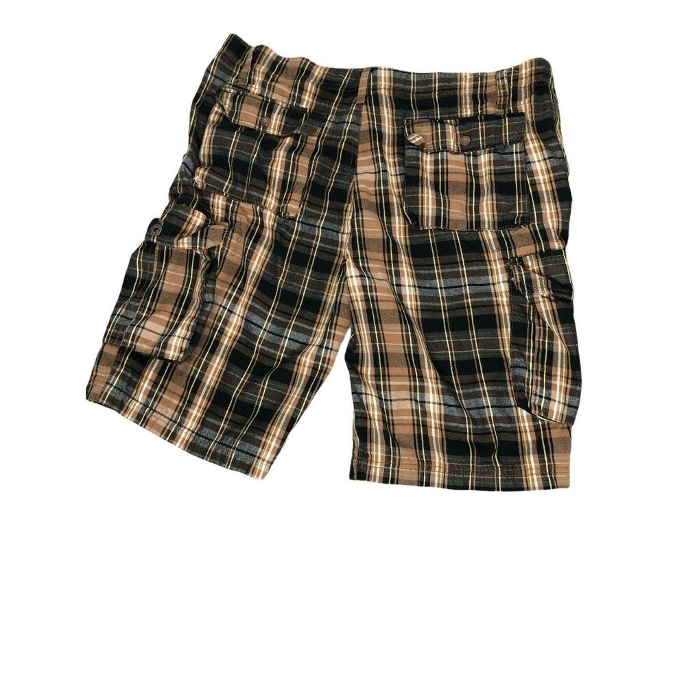 Carbon Cargo Shorts Brown Tan Black Plaid Mens 38 Cotton Flat Front Blue Bermuda